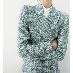 ZARA Double Breasted Textured Tweed Blazer Teal Blue Green Woman’s Small GUC